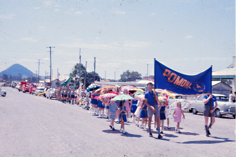 School banner march, Pomona State School, ca 1950s