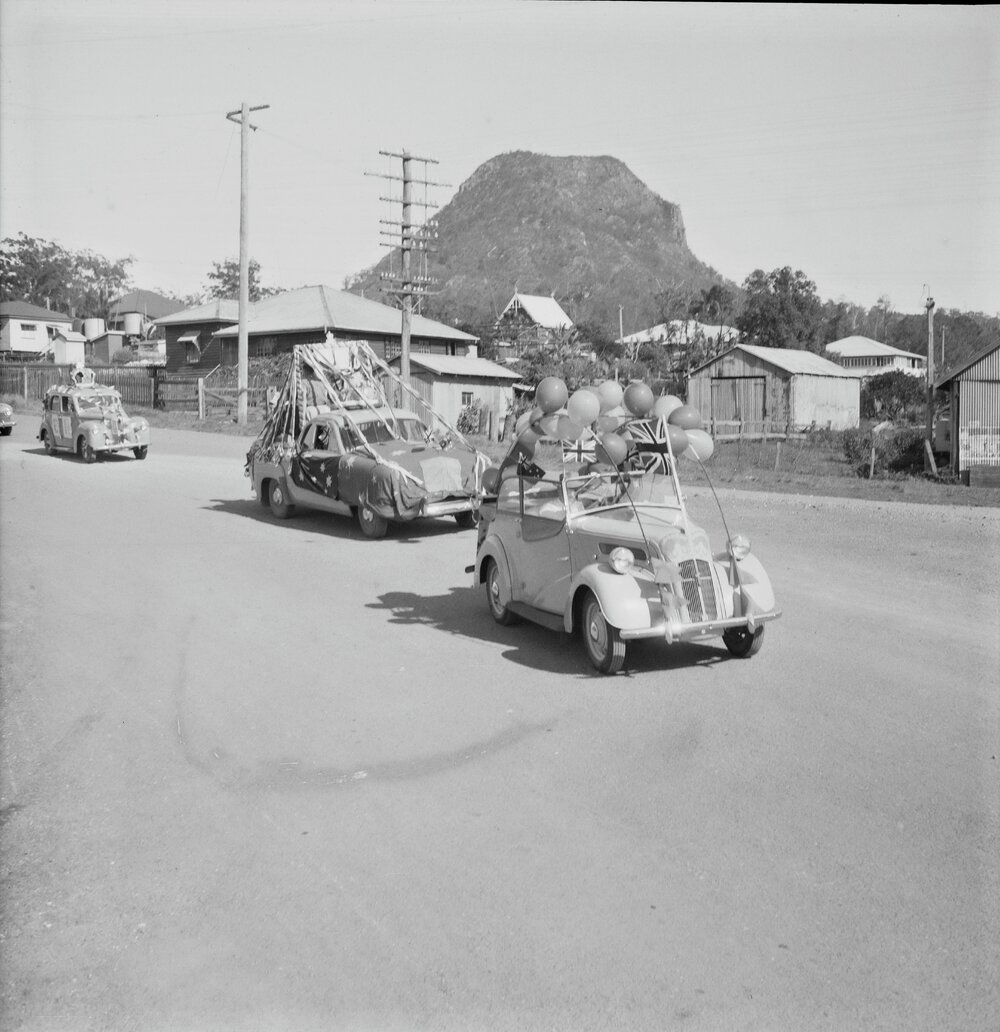 Decorated vehicles, Coronation Day parade, Pomona, 2 June 1953