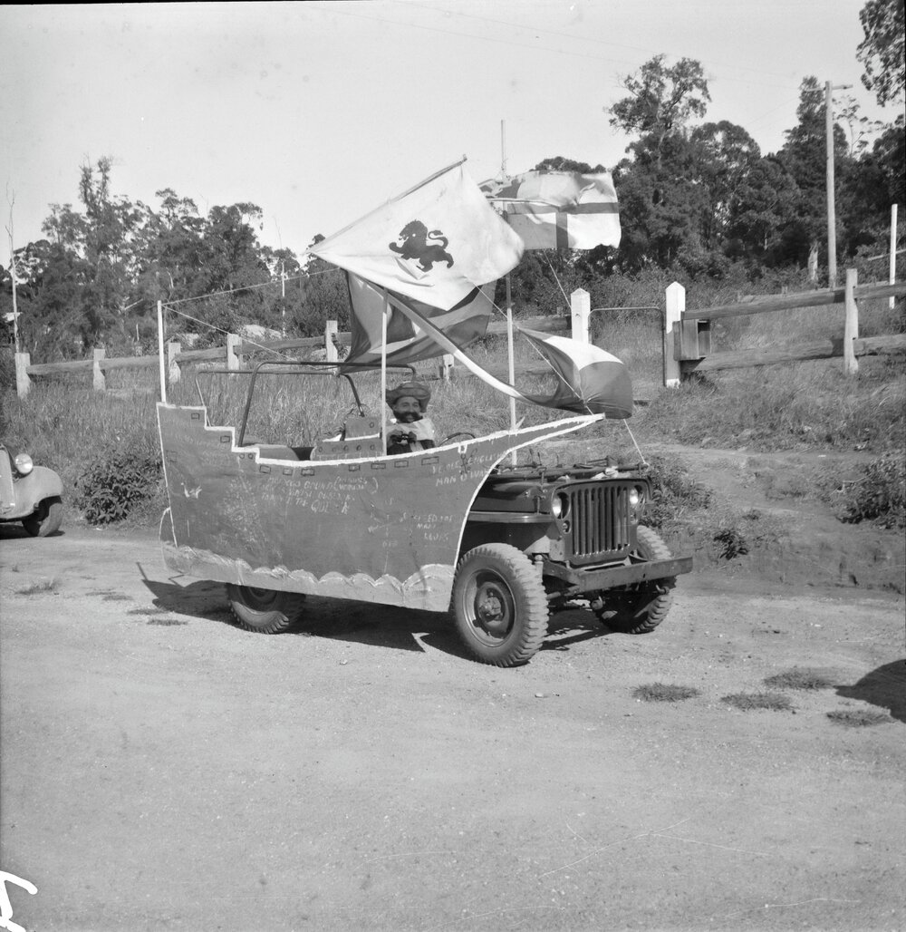 Decorated vehicle, Coronation Day parade, Pomona, 2 June 1953