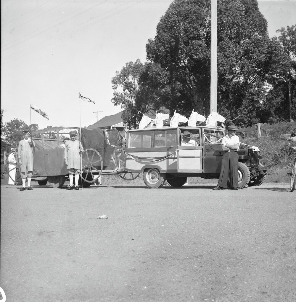 Decorated vehicle, Coronation Day parade, Pomona, 2 June 1953