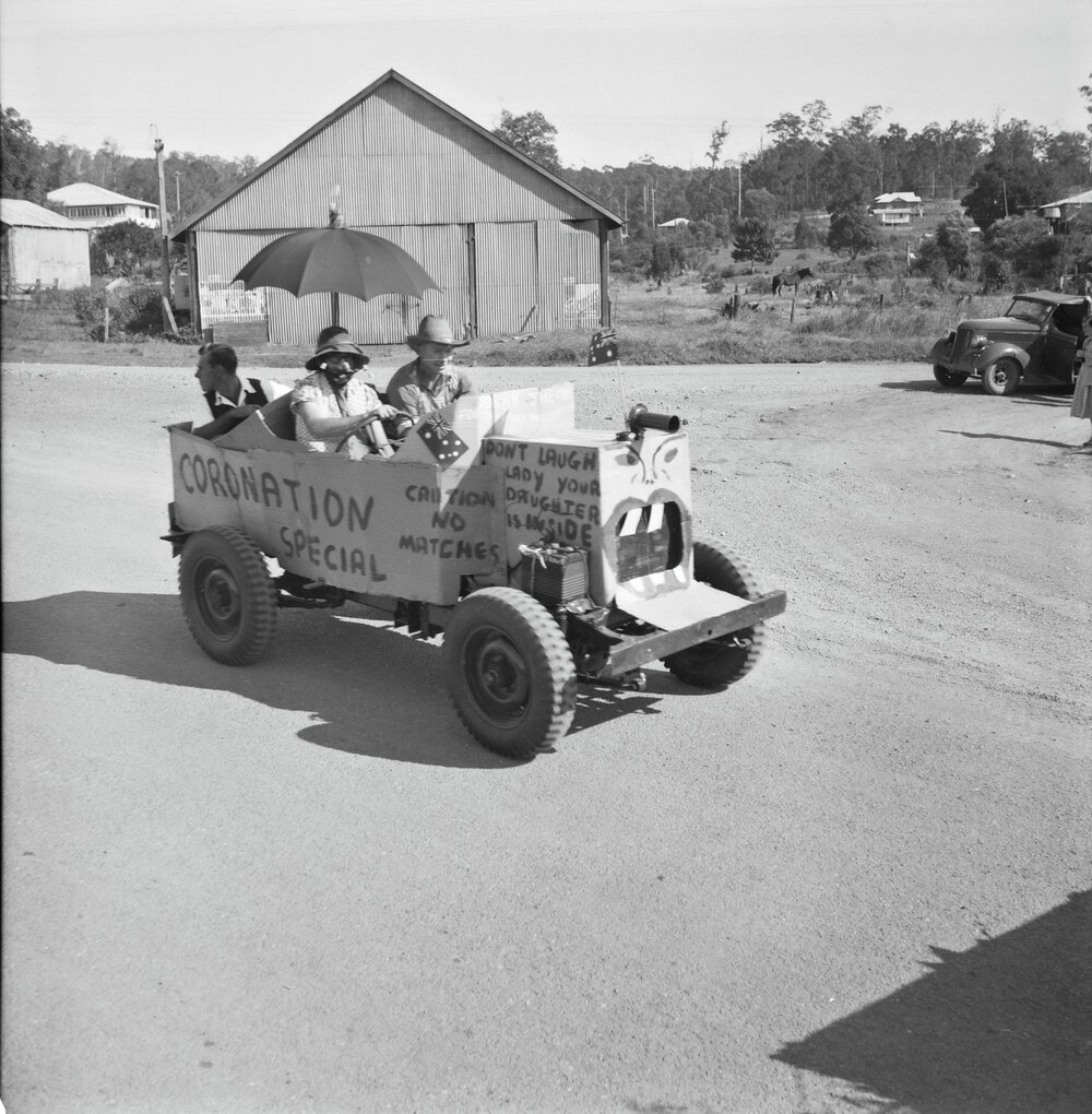 Decorated vehicle, Coronation Day parade, Pomona, 2 June 1953