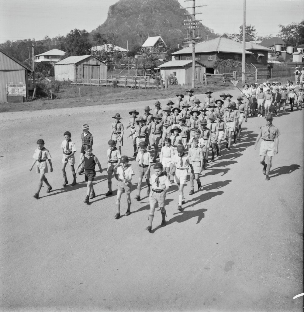 Scout group and other participants, Coronation Day parade, Pomona, 2 June 1953