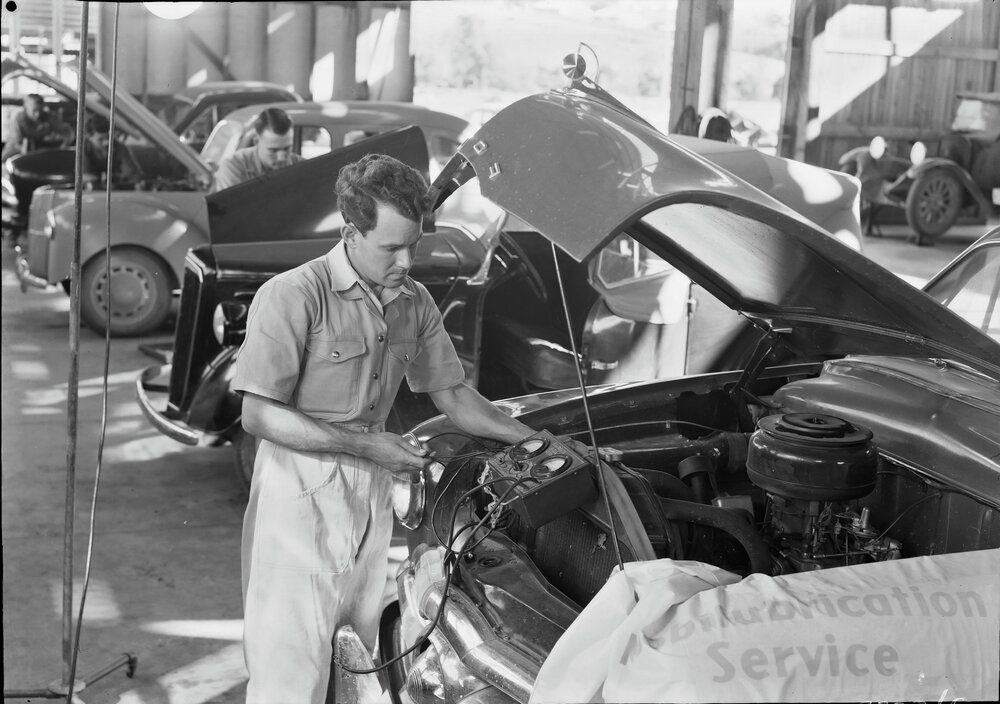 Mechanics, Page Motors, Factory Street, Pomona, 1950