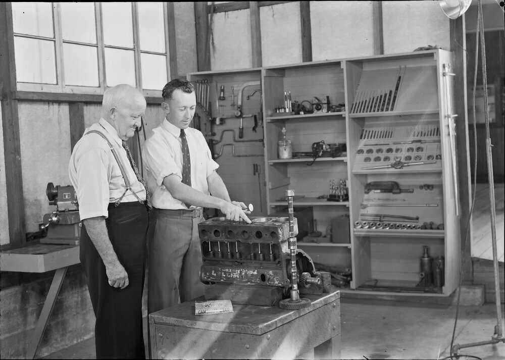 Interior, Page Motors shop, Factory Street, Pomona, 1950