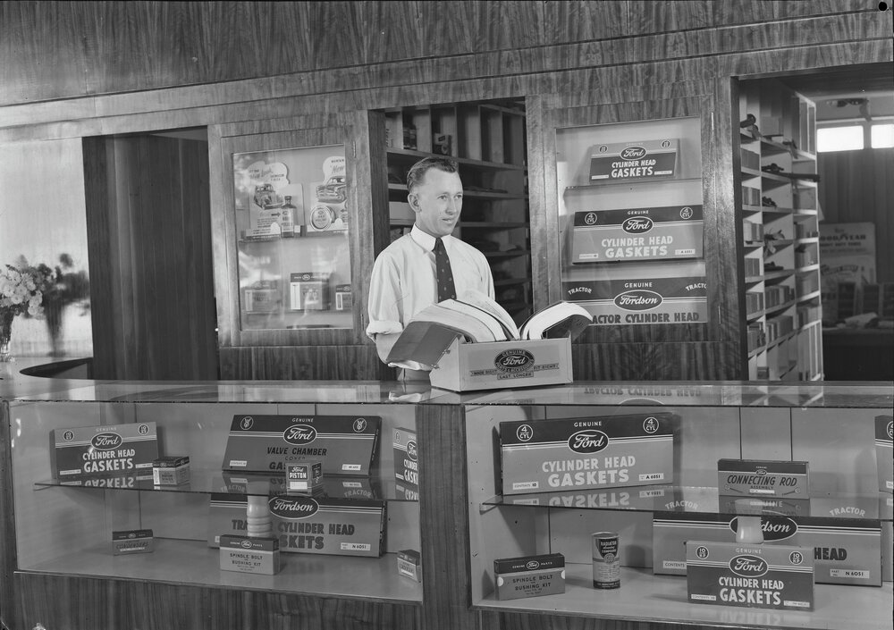 Interior, Page Motors shop, Factory Street, Pomona, 1950
