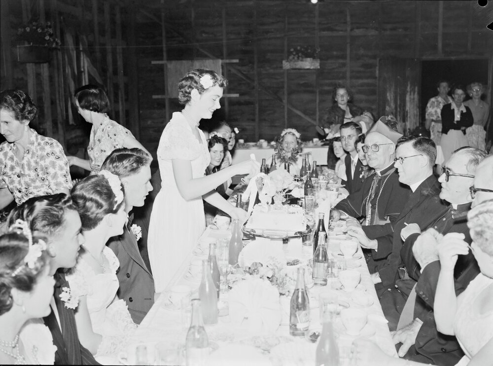 Cake cutting, Roman Catholic Debutante Ball, Majestic Theatre, Pomona, 1955