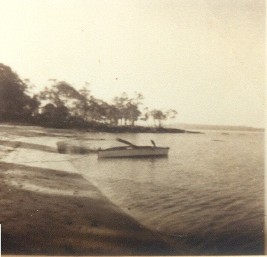 Moored boat, Lake Cootharaba, Boreen Point, ca 1958