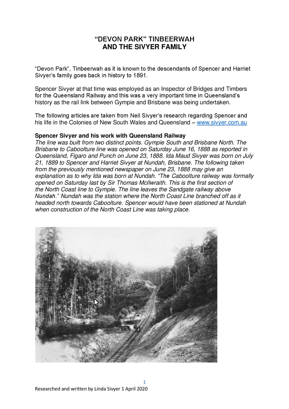 Devon Park, Tinbeerwah and the Sivyer Family Story