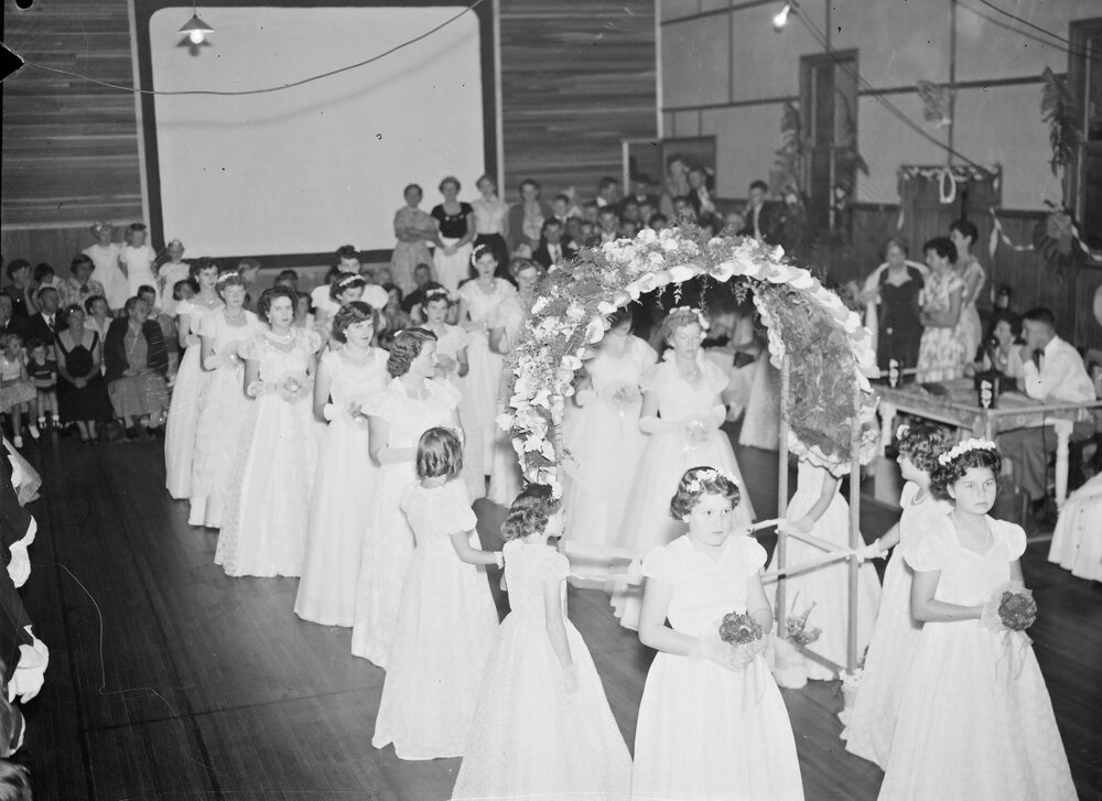 Attendees, Debutante Ball, Cooran Memorial School of Arts Hall, Cooran, 1956