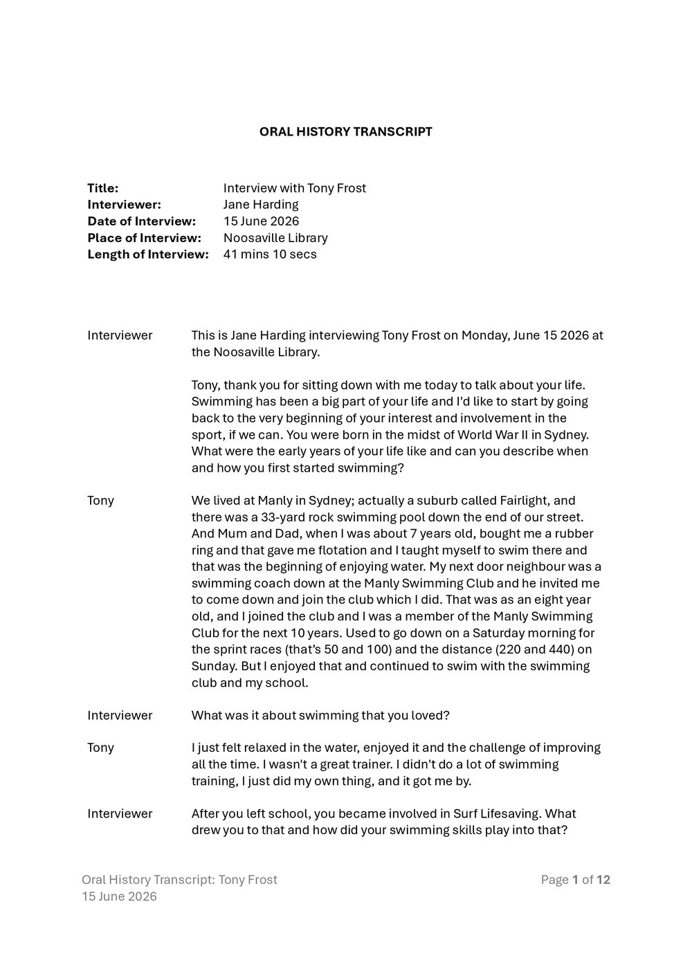 Tony Frost Oral History -Transcript