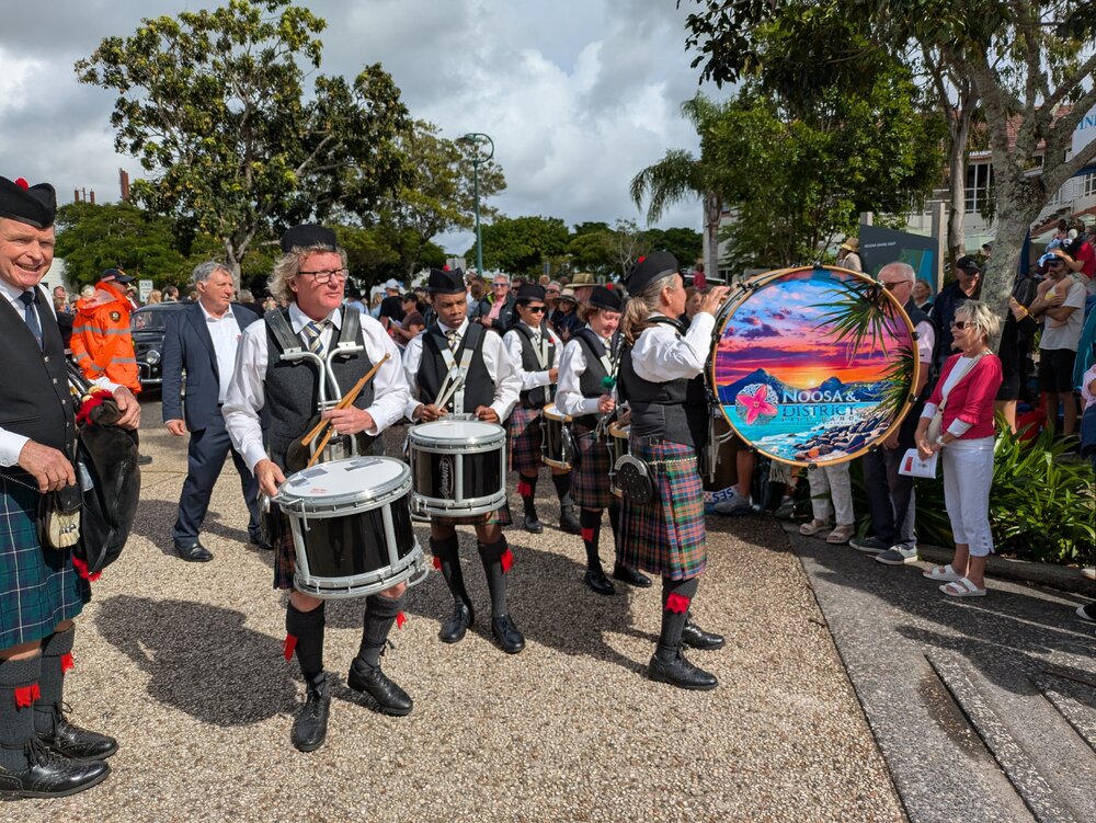 Band members, Noosa &amp; District Pipe Band, ANZAC Day parade, Tewantin, 25 April 2026