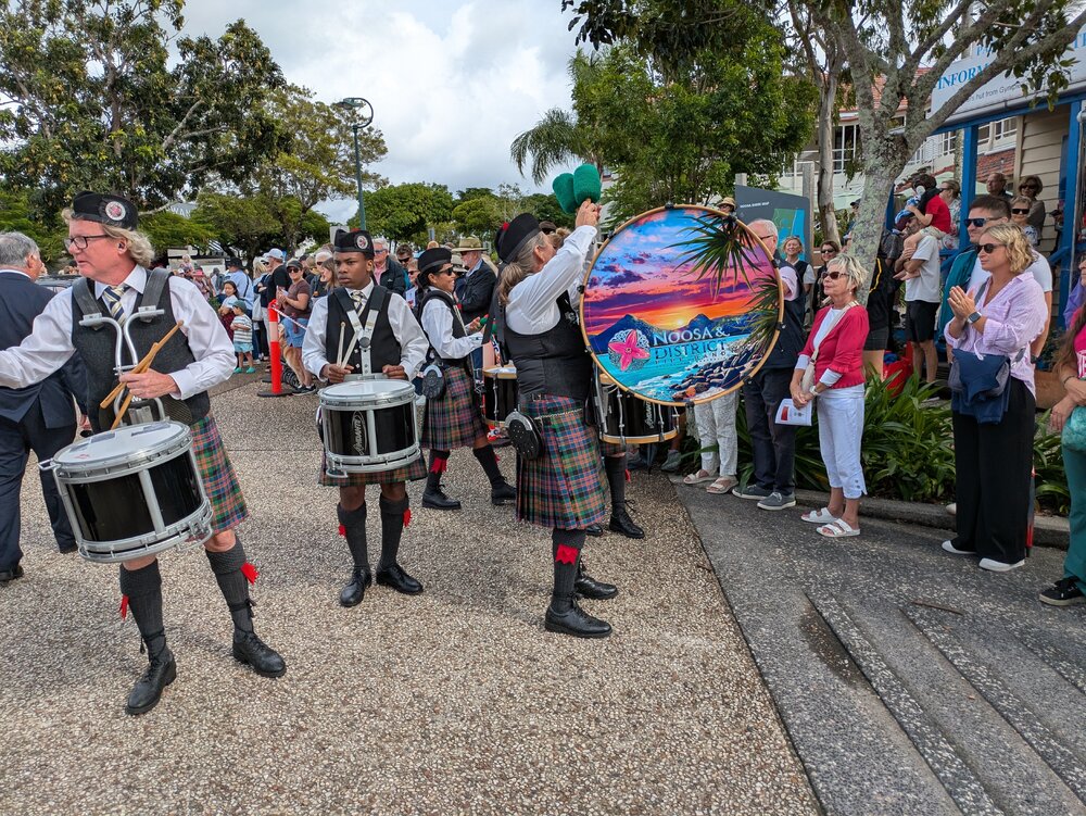 Band members, Noosa &amp; District Pipe Band, ANZAC Day parade, Tewantin, 25 April 2026