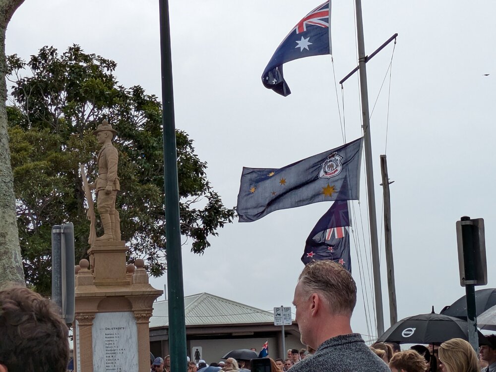 Cenotaph and flags, ANZAC Day service, Tewantin, 25 April 2026