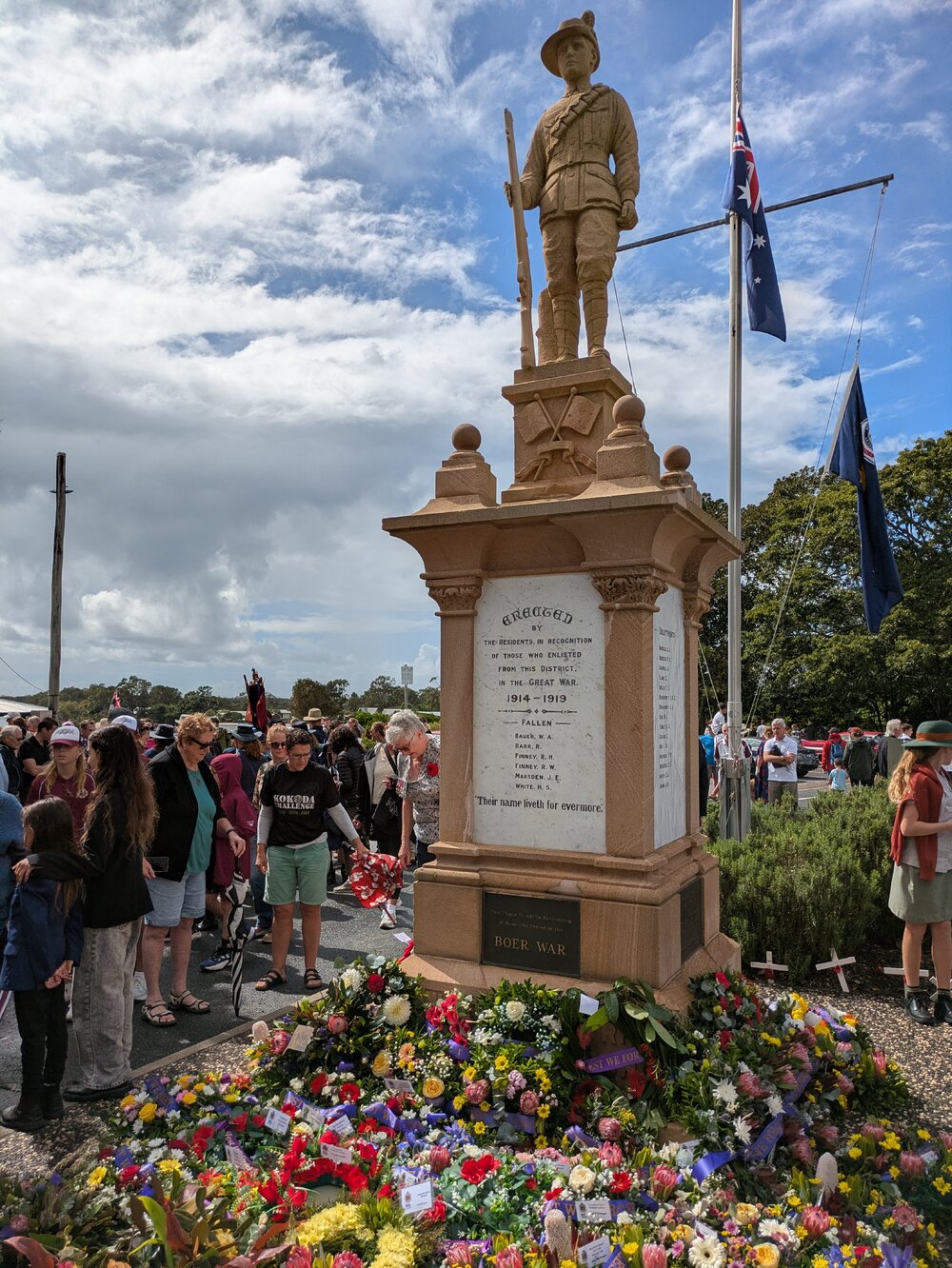 Cenotaph and wreaths, ANZAC Day service, Tewantin, 25 April 2026