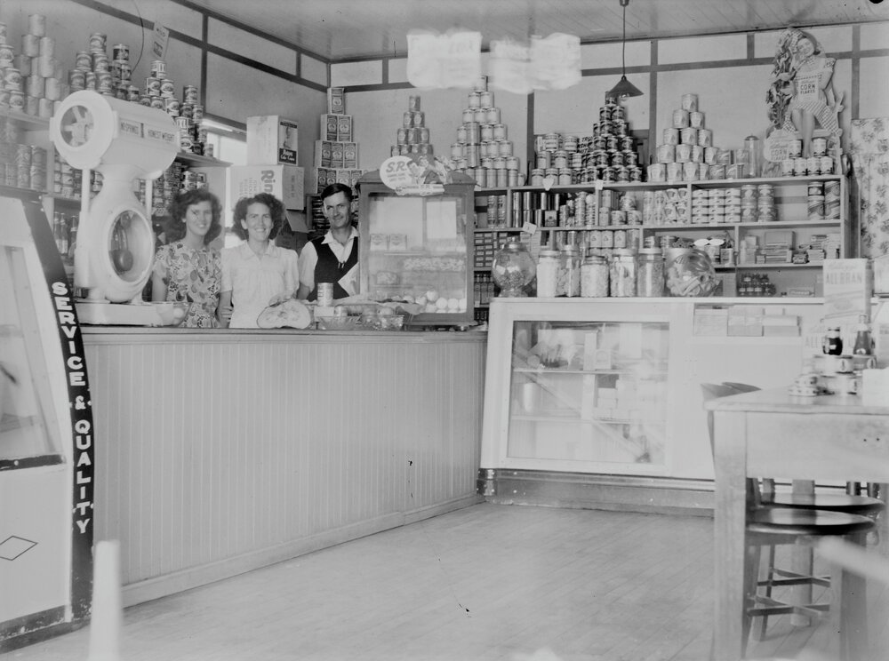 Staff and interior, Ely's Store, Gympie Terrace, Noosaville, 1948