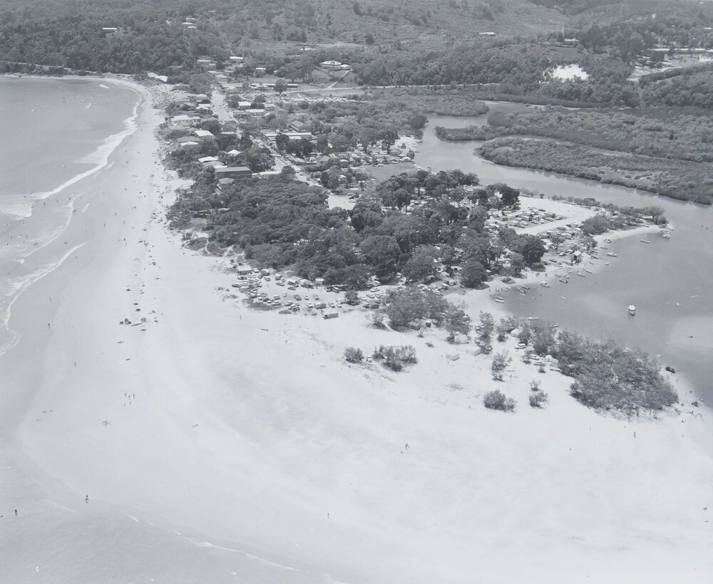Aerial view, The Woods and Noosa Main Beach, Noosa Heads, ca 1960s