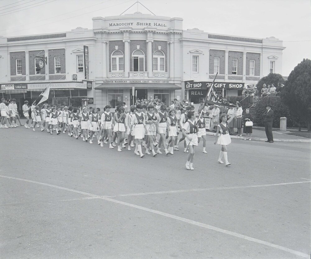 Noosa team, Maroochy District Sports Carnival parade, Nambour, 1966