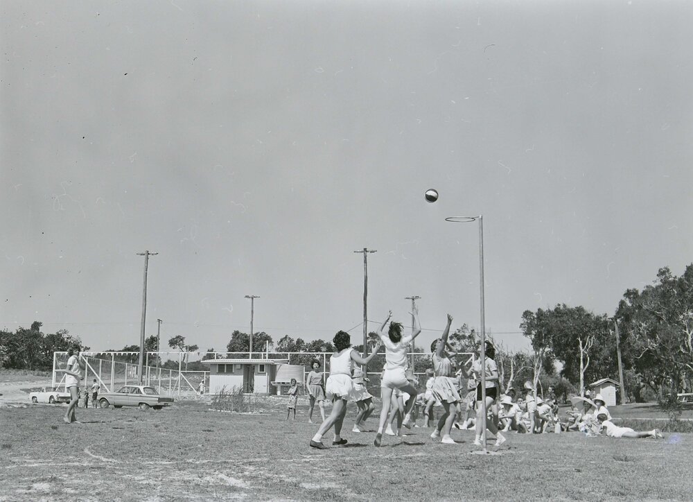 Girls netball match, Peregian Beach Recreation Area, Peregian Beach, 31 October 1965