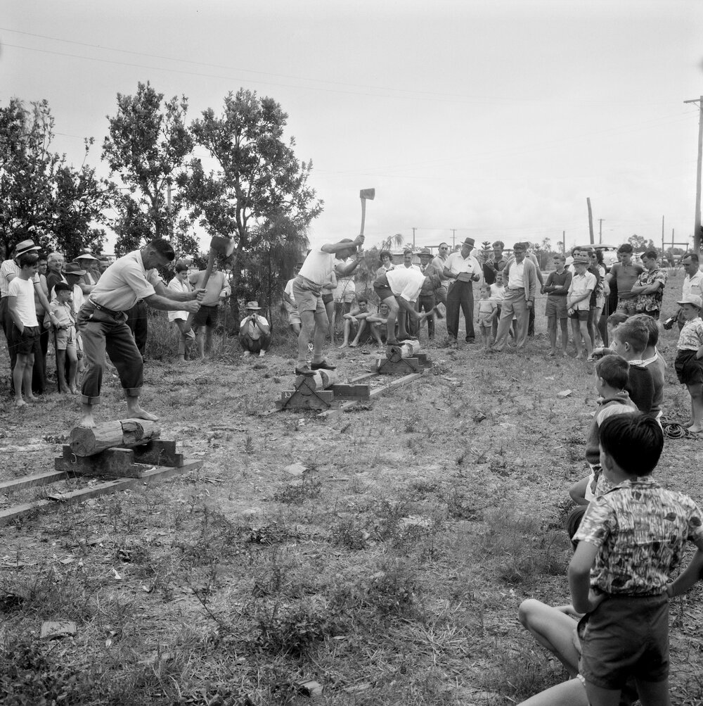 Wood chopping competition, S.E.A.Q recreation club picnic, Peregian Beach, 1963