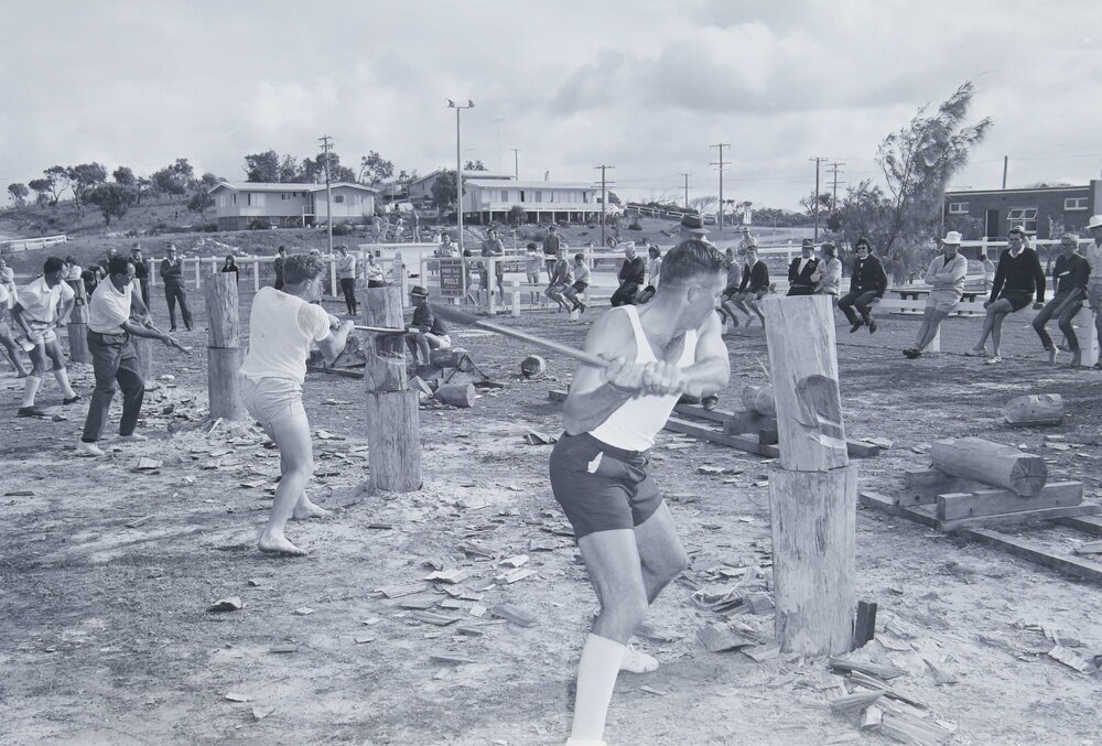 Wood chopping competition, S.E.A.Q recreation club picnic, Peregian Beach, 1966