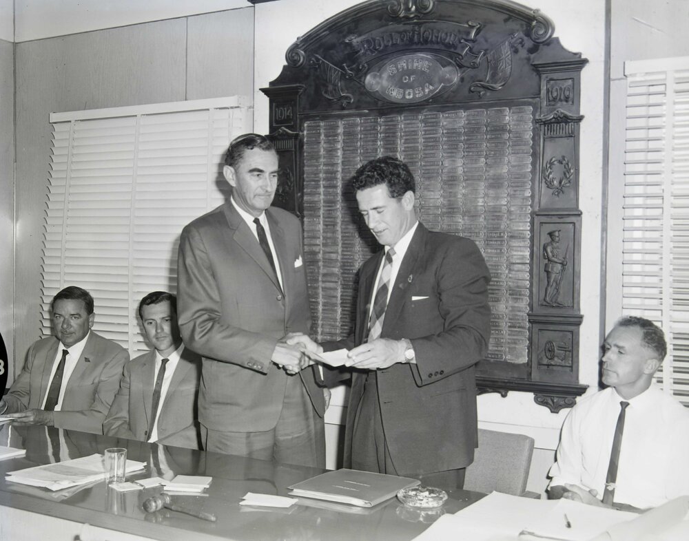 Peter Lightfoot (T.M. Burke) and Ian Macdonald (Shire Chairman)(l-r), Chambers, Noosa Shire Council, Pomona, 1966