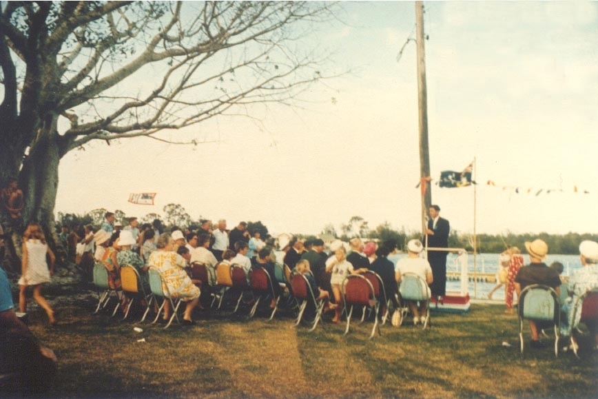 Dignitaries and guests, official opening ceremony, Tewantin Baths, Tewantin, 25 April 1969