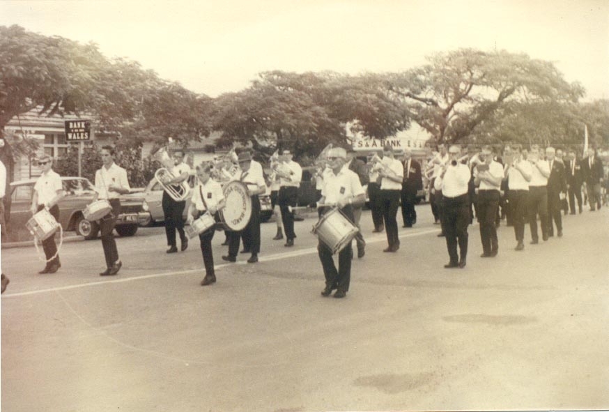 ANZAC Day march, Noosa District Band, Poinciana Avenue, Tewantin, 25 April 1968