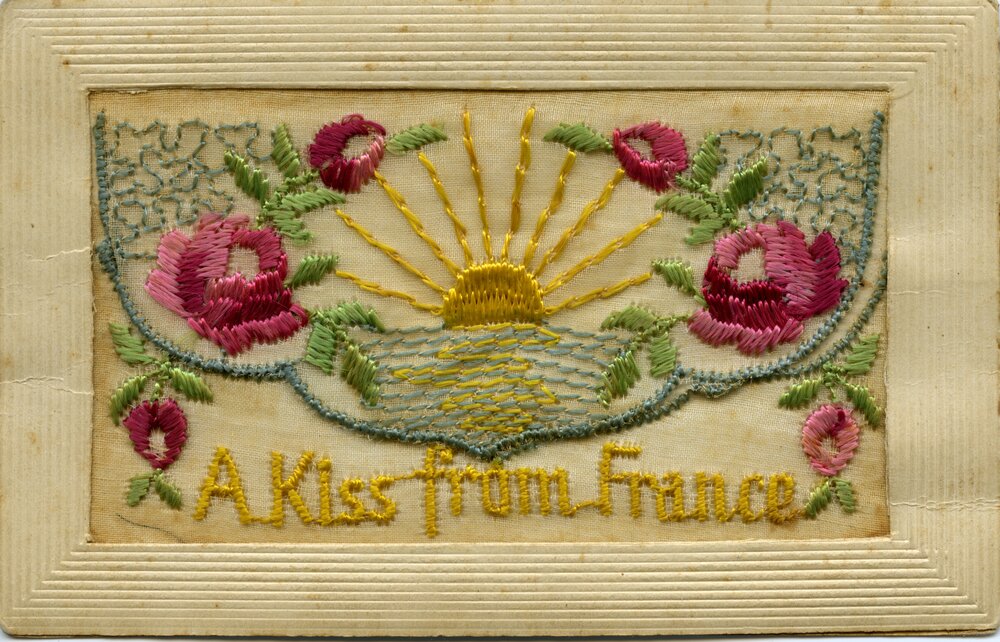 'A Kiss from France,' Embroided Postcard, Noosa's War Front Exhibition, Noosaville Library, Noosaville, 20 November 2015