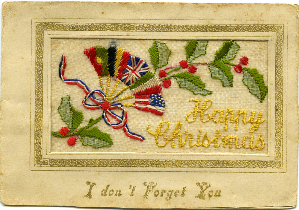 'Happy Christmas - I don't Forget You,' Embroided Postcard, Noosa's War Front Exhibition, Noosaville Library, Noosaville, 20 November 2015