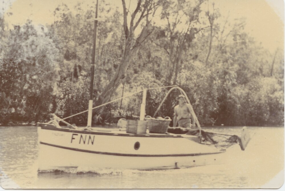 Kevin Clarey onboard 'Victory', Noosa River, 1966