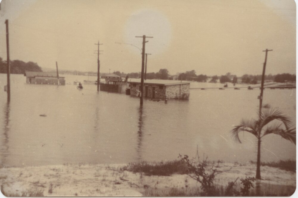 Flooding, Parkyn Brothers Boat Hire and Bait Bar, Tewantin, February 1966