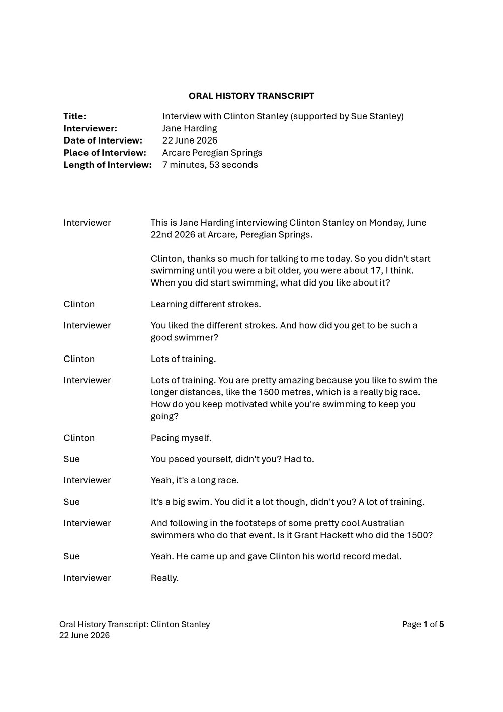 Clinton and Sue Stanley Oral History -Transcript - Swimming