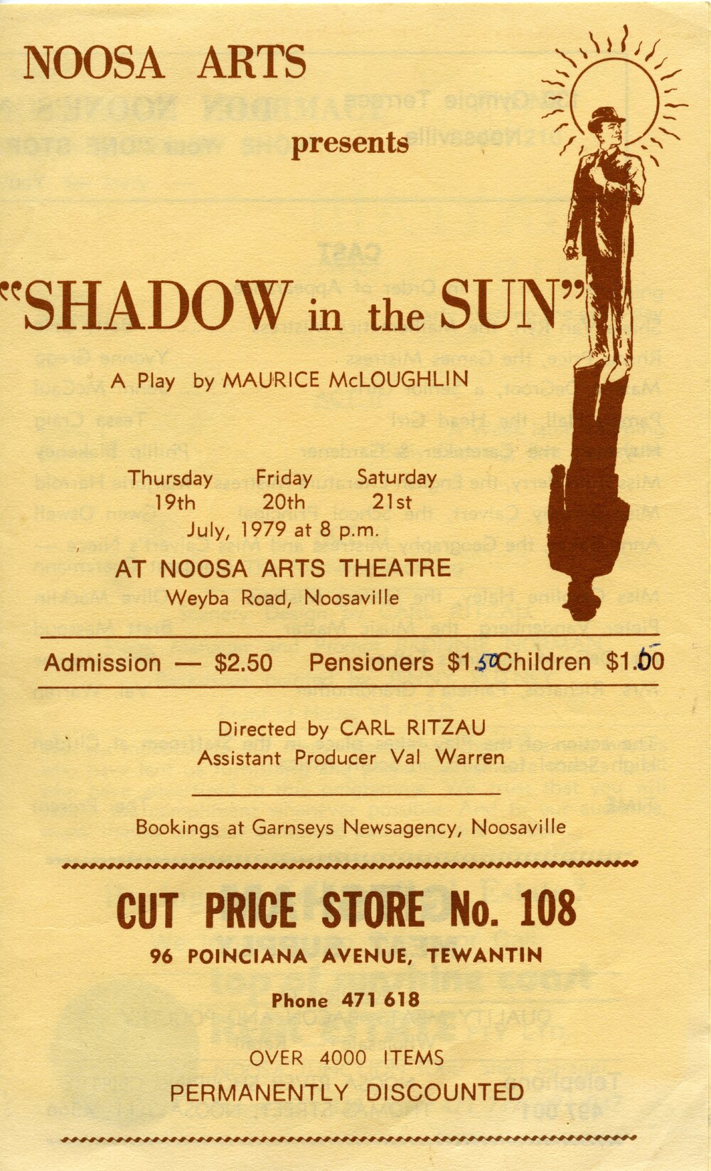 Program for 'Shadow in the Sun', Noosa Arts Theatre, Weyba Road, Noosaville, 19 - 21 July 1979