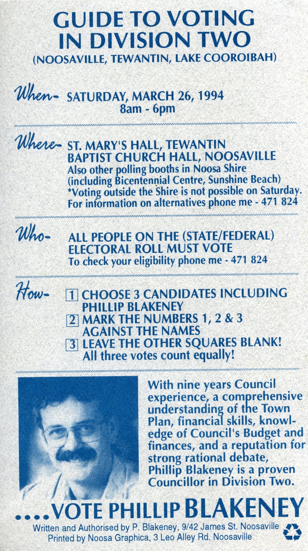Phillip Blakeney, How-to-Vote Card, local government election, Noosa Shire Council, Tewantin, 26 March 1994