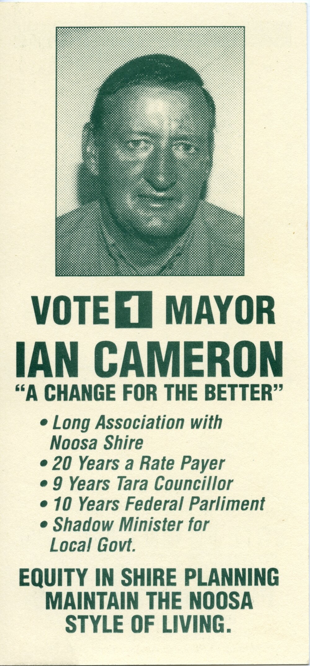 Ian Cameron, How-to-Vote Card, local government election, Noosa Shire Council, Tewantin, March 1997