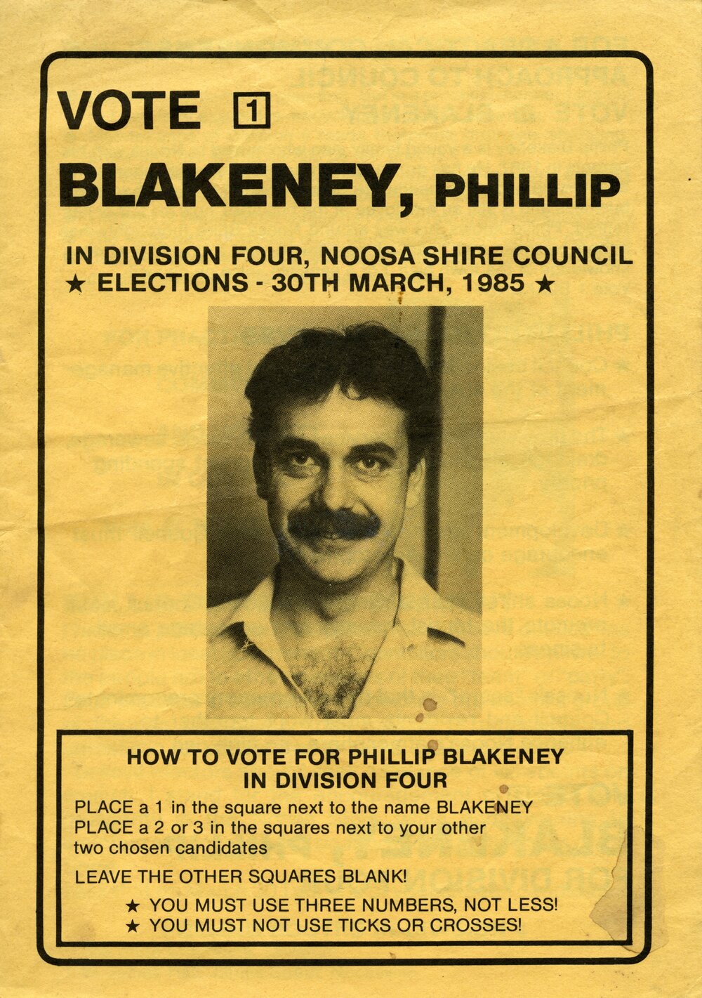 Phillip Blakeney, How-to-Vote Card, local government election, Noosa Council, Tewantin, 30 March 1985