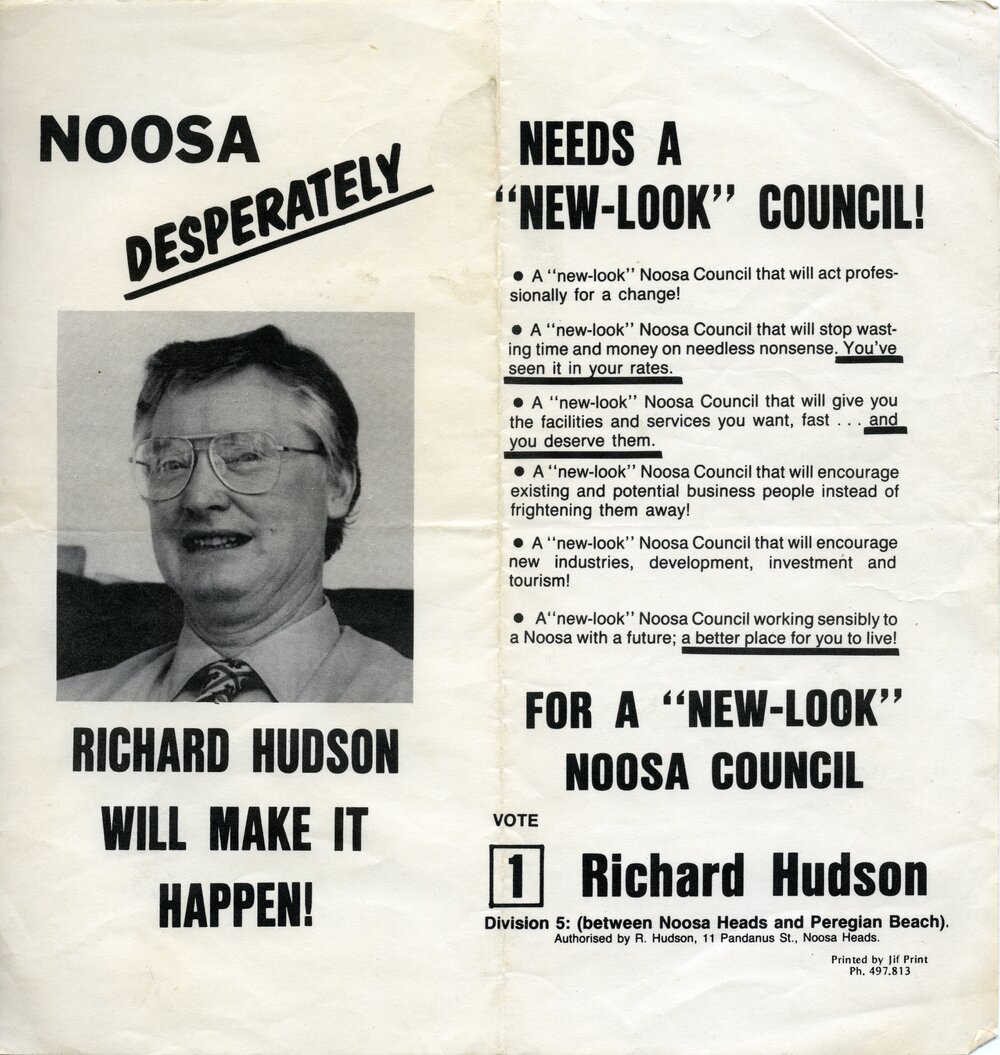 Richard Hudson, How-to-Vote Card, local government election, Noosa Shire Council, Tewantin,1985