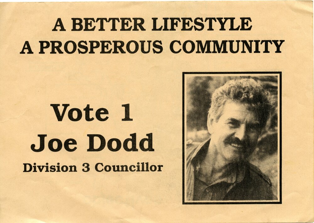 Joe Dodd, How-to-Vote Card, local government election, Noosa Shire Council, Tewantin, March 1991
