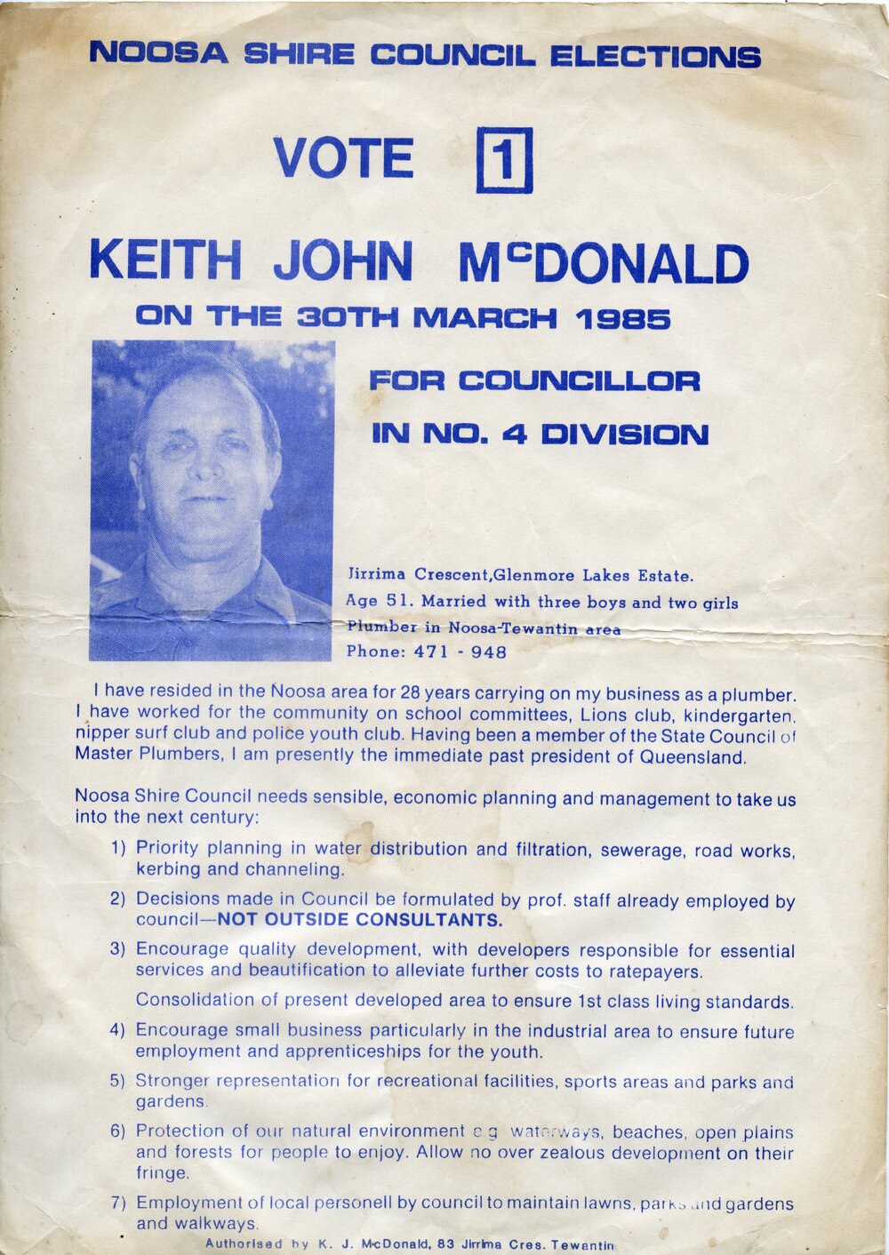 Keith John McDonald, How-to-Vote Card, local government election, Noosa Shire Council, Tewantin, 30 March 1985