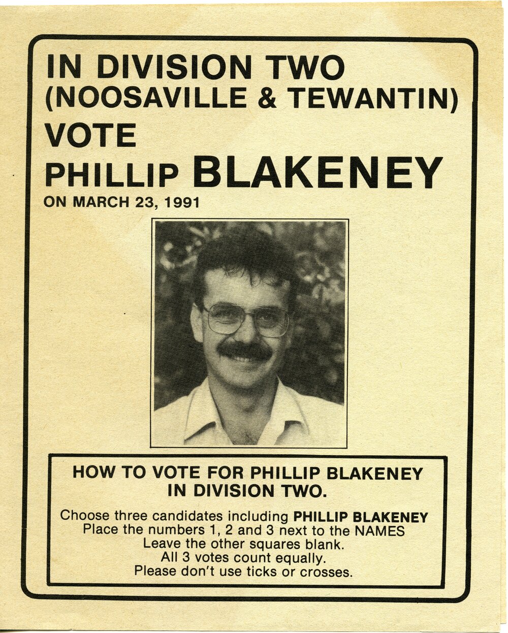 Phillip Blakeney, How-to-Vote Card, local government election, Noosa Council, Tewantin, 23 March 1991
