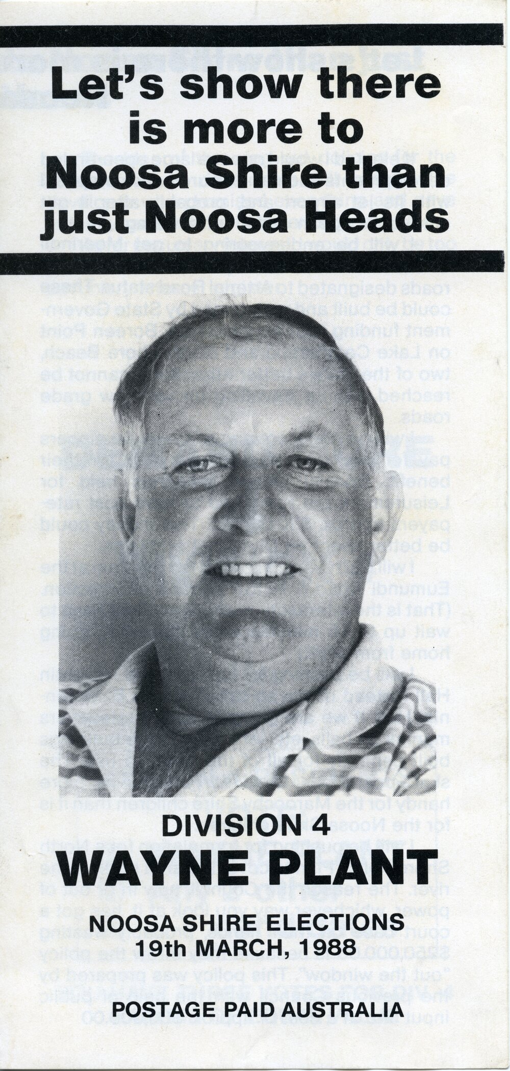 Wayne Plant, How-to-Vote Card, local government election, Noosa Council, Tewantin, 19 March 1988 