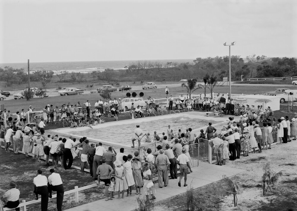 Swimming demonstration, official opening Peregian Beach Swimming Pool, Peregian Beach, May 1964