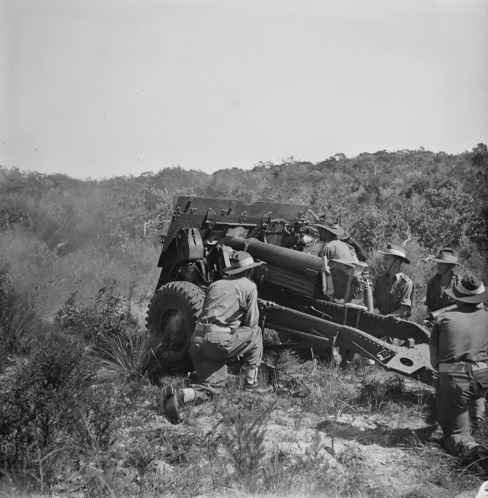 Artillery unit, military exercises, Sunshine Beach region, 1951