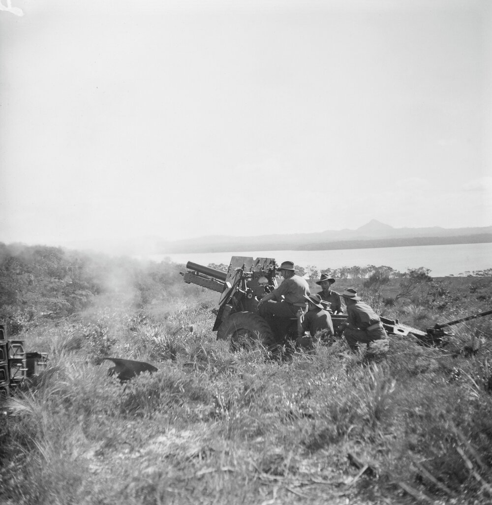Artillery unit, military exercises, Sunshine Beach region, 1951