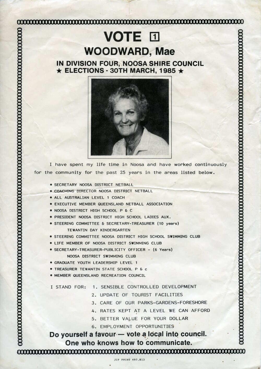Mae Woodward, How-to-Vote Card, local government election, Noosa Shire Council, Tewantin, 30 March 1985