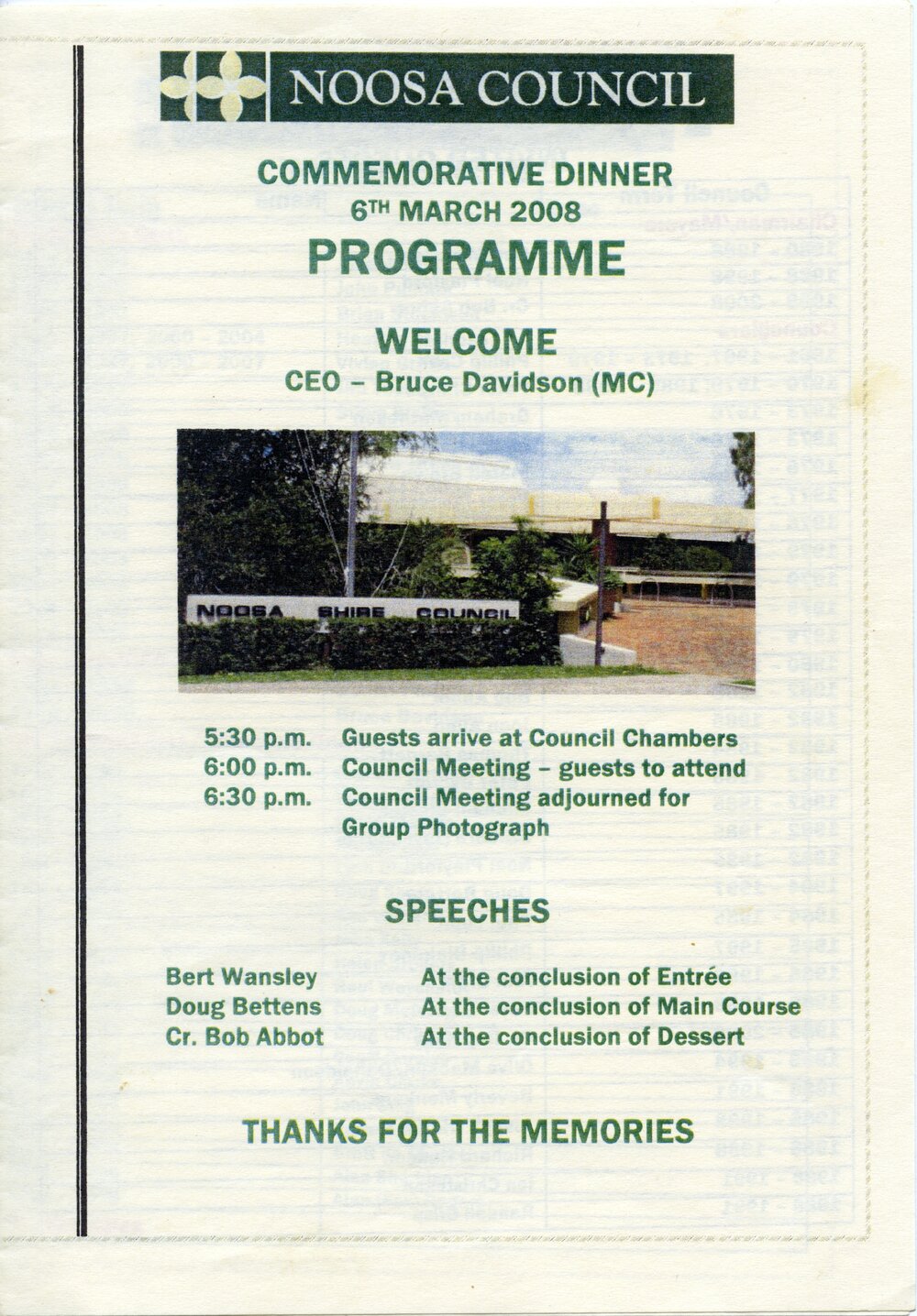 Program, Commemorative Dinner, Noosa Council, Tewantin, 6 March 2008