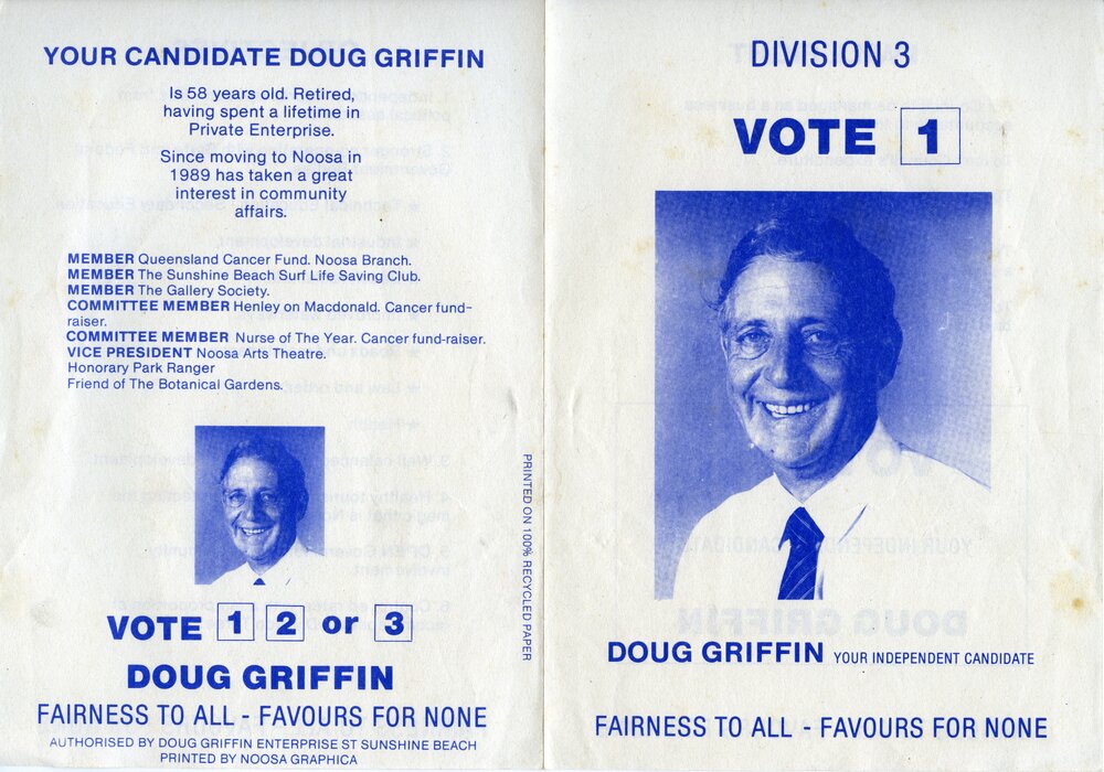 Doug Griffin, How-to-Vote Card, local government election, Noosa Council, Tewantin, 1994 
