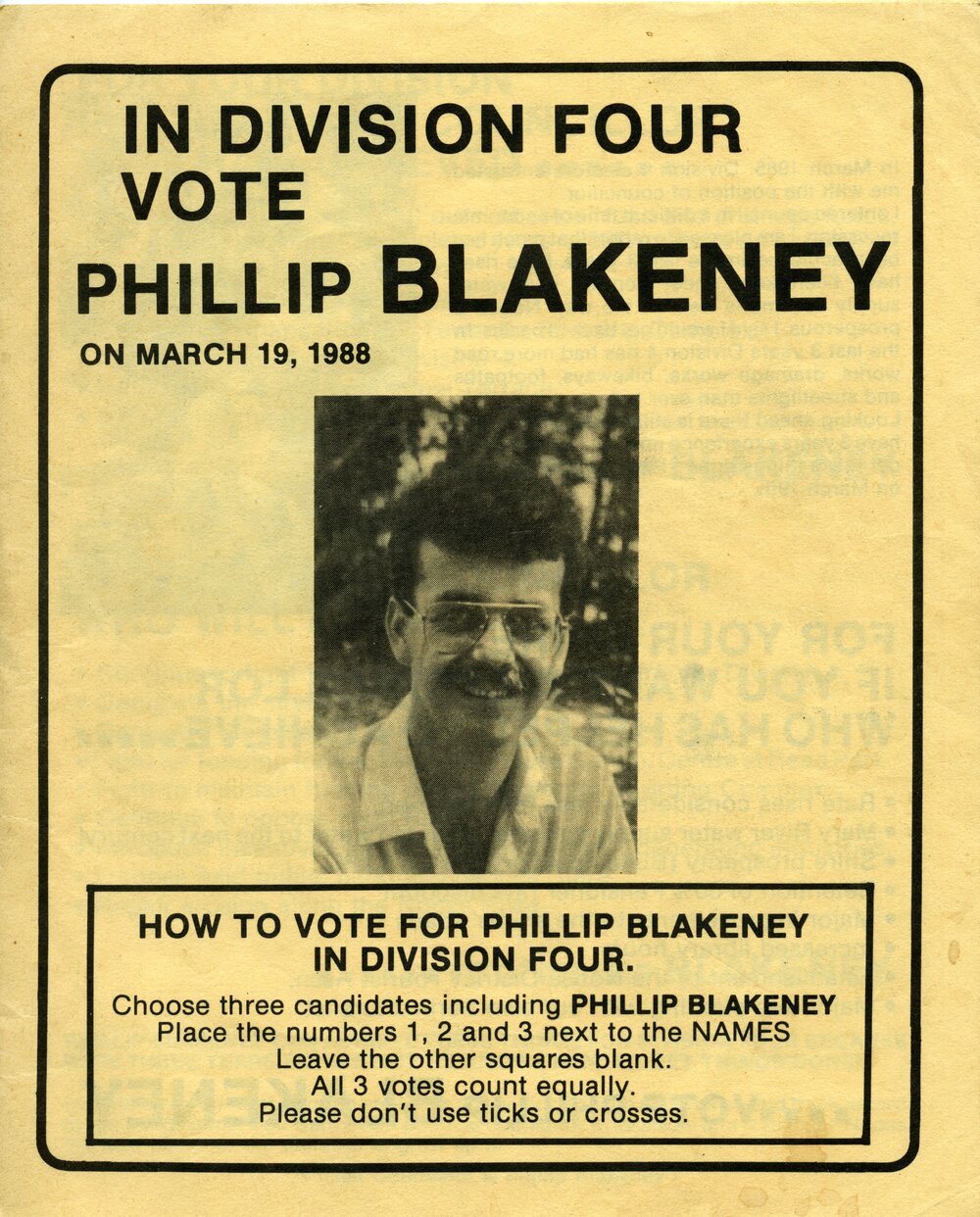 Philip Blakeney, How-to-Vote Card, local government election, Noosa Council, Tewantin, 19 March 1988