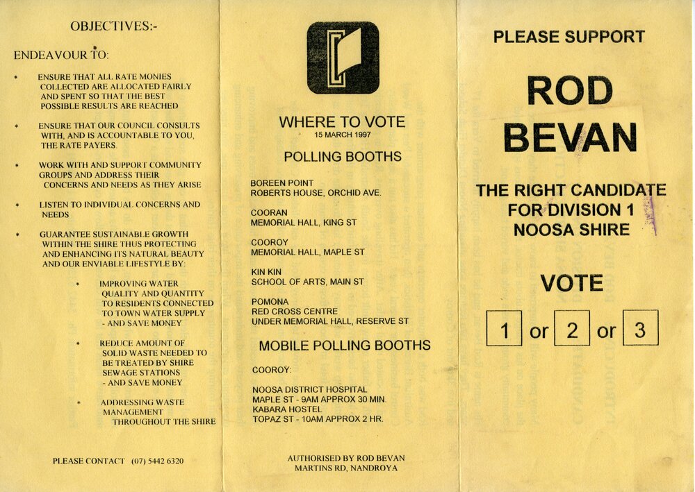 Rod Bevan, How-to-Vote Card, local government election, Noosa Council, Tewantin, 15 March 1997