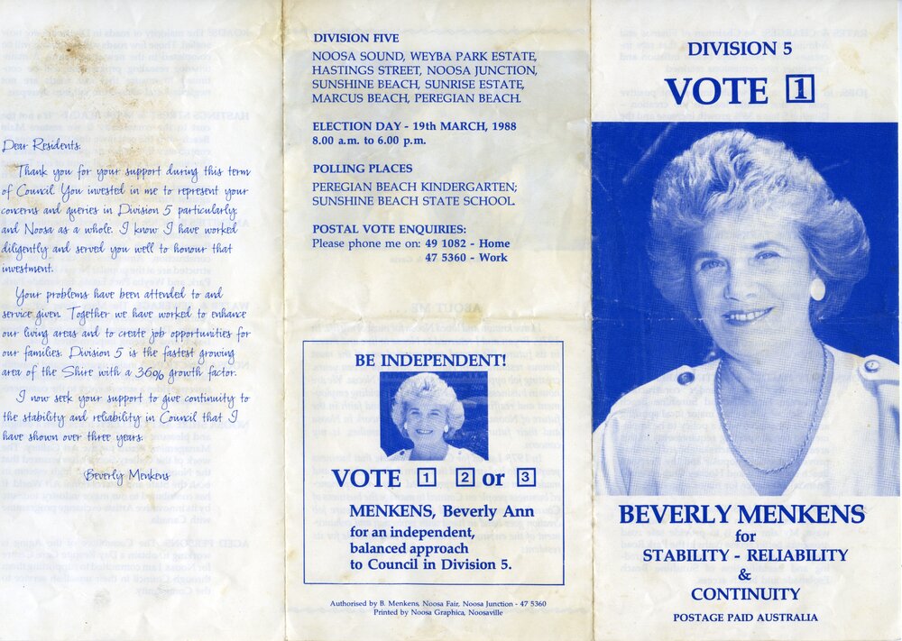 Beverly Menkens, How-to-Vote Card, local government election, Noosa Council, Tewantin, 19 March 1988